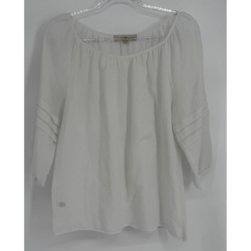 Ann Taylor LOFT White Pintuck Sleeve Peasant Blouse Sz S 3/4 Sleeve Scoop Neck